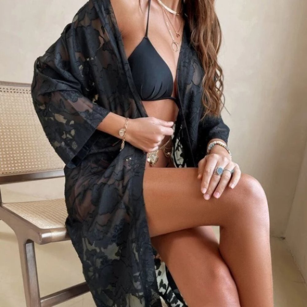 vacay style  Floral Print Sheer Kimono Beach cover up Black